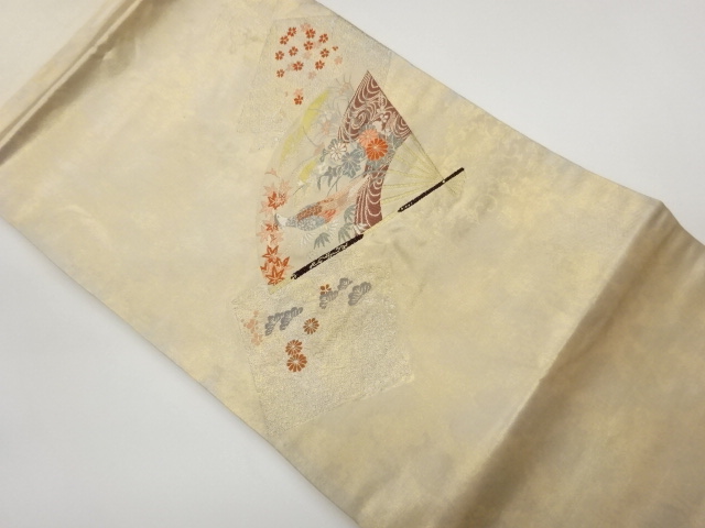 引箔扇・色紙・鳥・花々・流水模様織出し名古屋帯